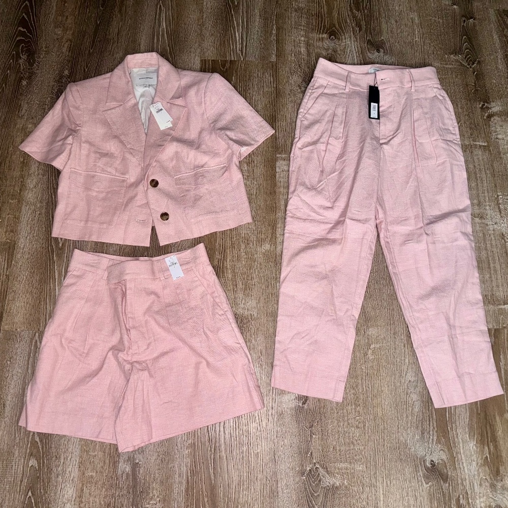 Linen-blend herringbone trouser short, pants, cropped blazer set (size 4)-NWT